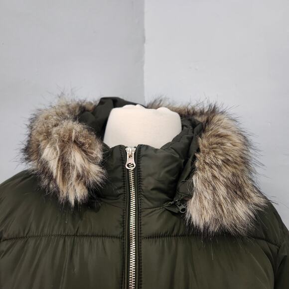 LOFT Army Olive Green Removable Faux Fur Hood Puffer Jacket Coat Size 16 - Picture 2 of 11